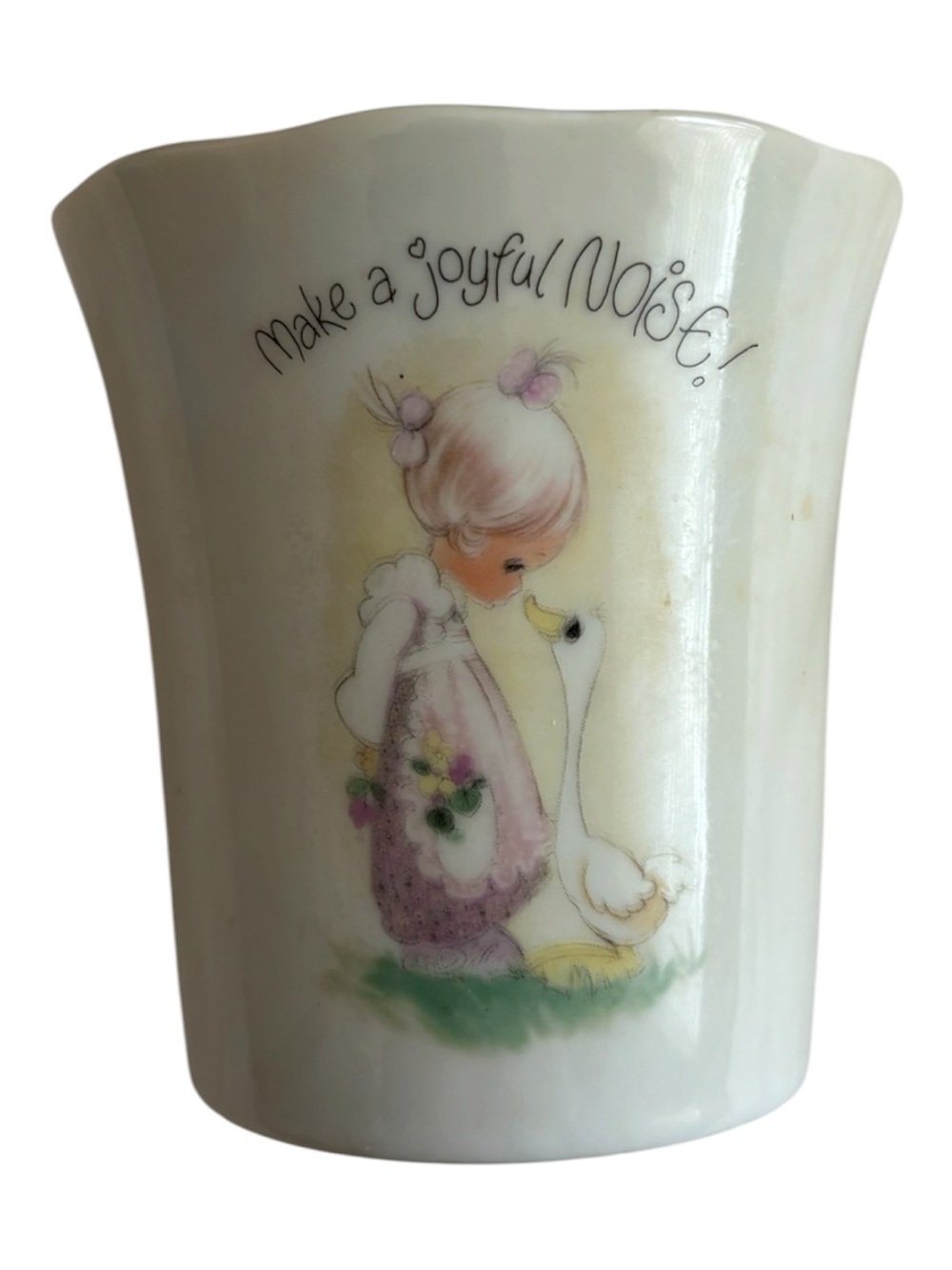 Precious Moments White Ceramic Cup with Pink and Green Accents